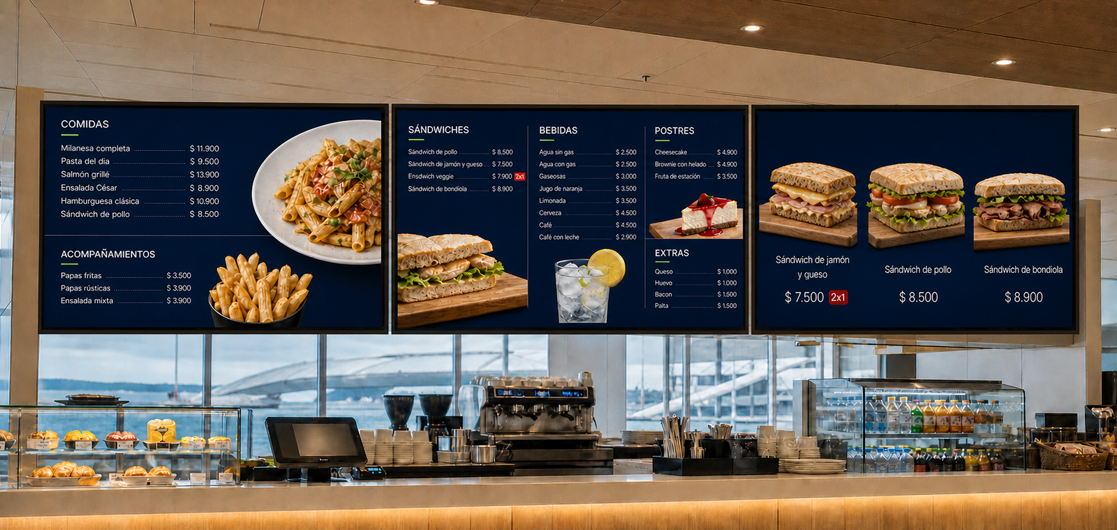 Tres menu boards del mismo tamaño: dos con precios y uno con fotografías y precios de sándwiches, incluyendo una pequeña etiqueta roja 2x1