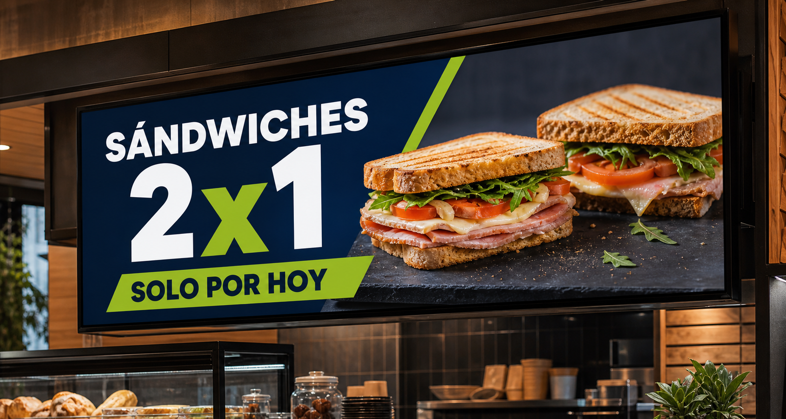 Menu board de una cafetería anunciando sándwiches 2x1 solo por hoy